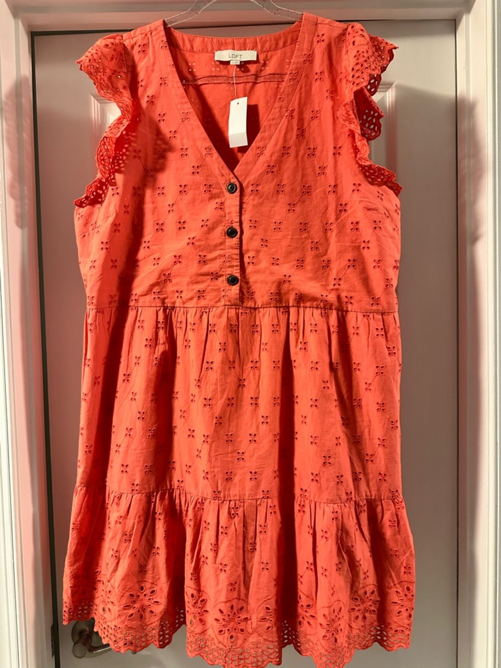 LOFT Eyelet Ruffle-Sleeve Dress in Coral NWT